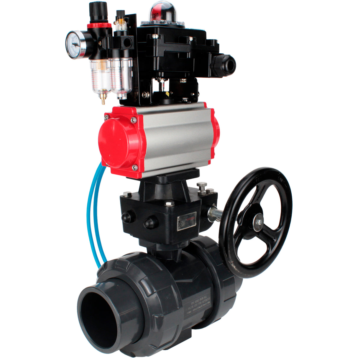Ball valves Elephant BV4242E-FP-GRM-ISO, body material - UPVC, ball material - UPVC, seal - EPDM, with pneumatic actuator double action PA-DA, pneumatic distributor 4V320-10 220V, LSU APL-410N EX, ATU AFC2000 and handwheel MON