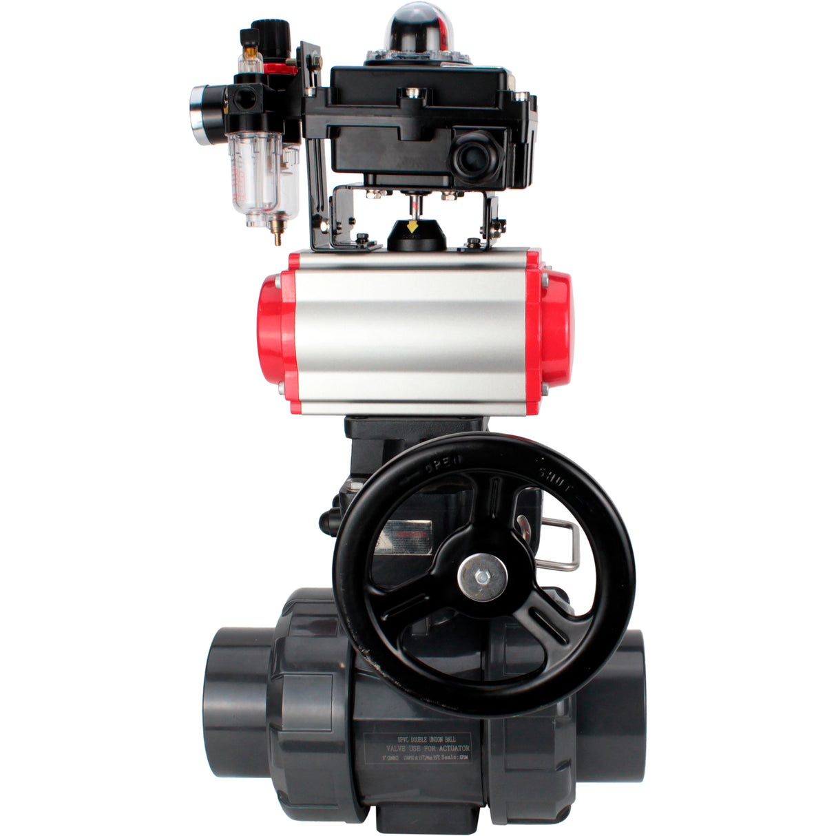 Ball valves Elephant BV4242E-FP-GRM-ISO, body material - UPVC, ball material - UPVC, seal - EPDM, with pneumatic actuator double action PA-DA, pneumatic distributor 4V320-10 220V, LSU APL-410N EX, ATU AFC2000 and handwheel MON