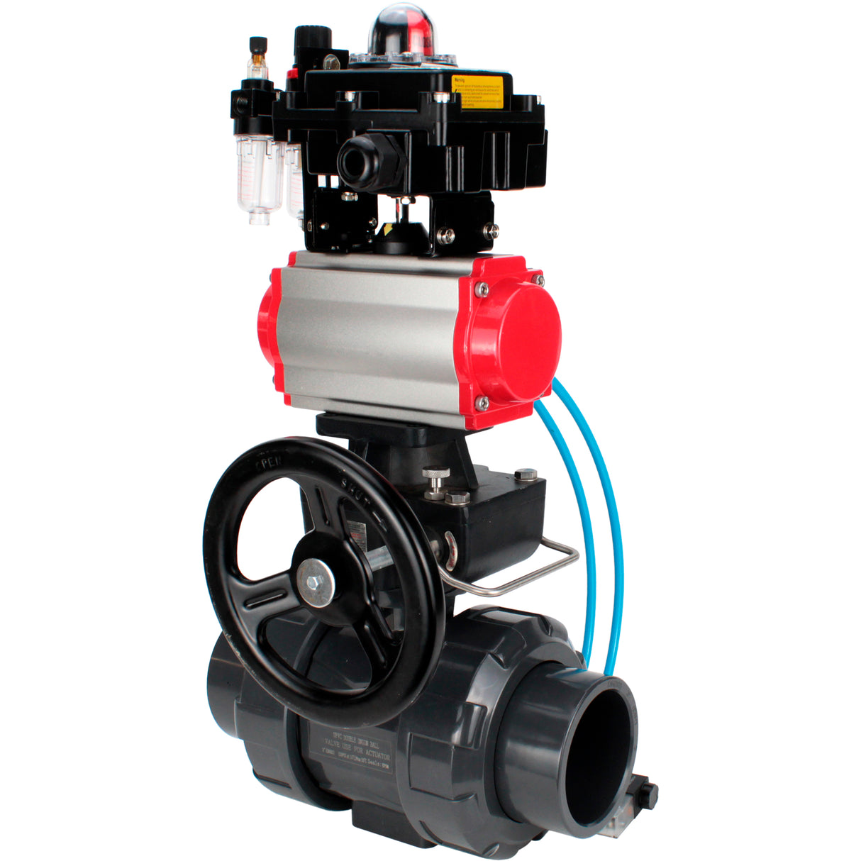 Ball valves Elephant BV4242E-FP-GRM-ISO, body material - UPVC, ball material - UPVC, seal - EPDM, with pneumatic actuator double action PA-DA, pneumatic distributor 4V320-10 220V, LSU APL-410N EX, ATU AFC2000 and handwheel MON
