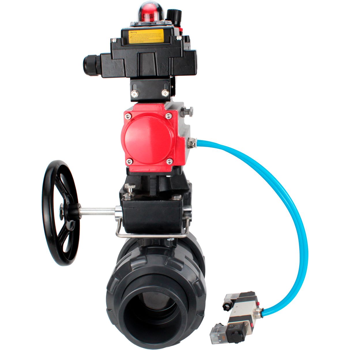 Ball valves Elephant BV4242E-FP-GRM-ISO, body material - UPVC, ball material - UPVC, seal - EPDM, with pneumatic actuator double action PA-DA, pneumatic distributor 4V320-10 220V, LSU APL-410N EX, ATU AFC2000 and handwheel MON