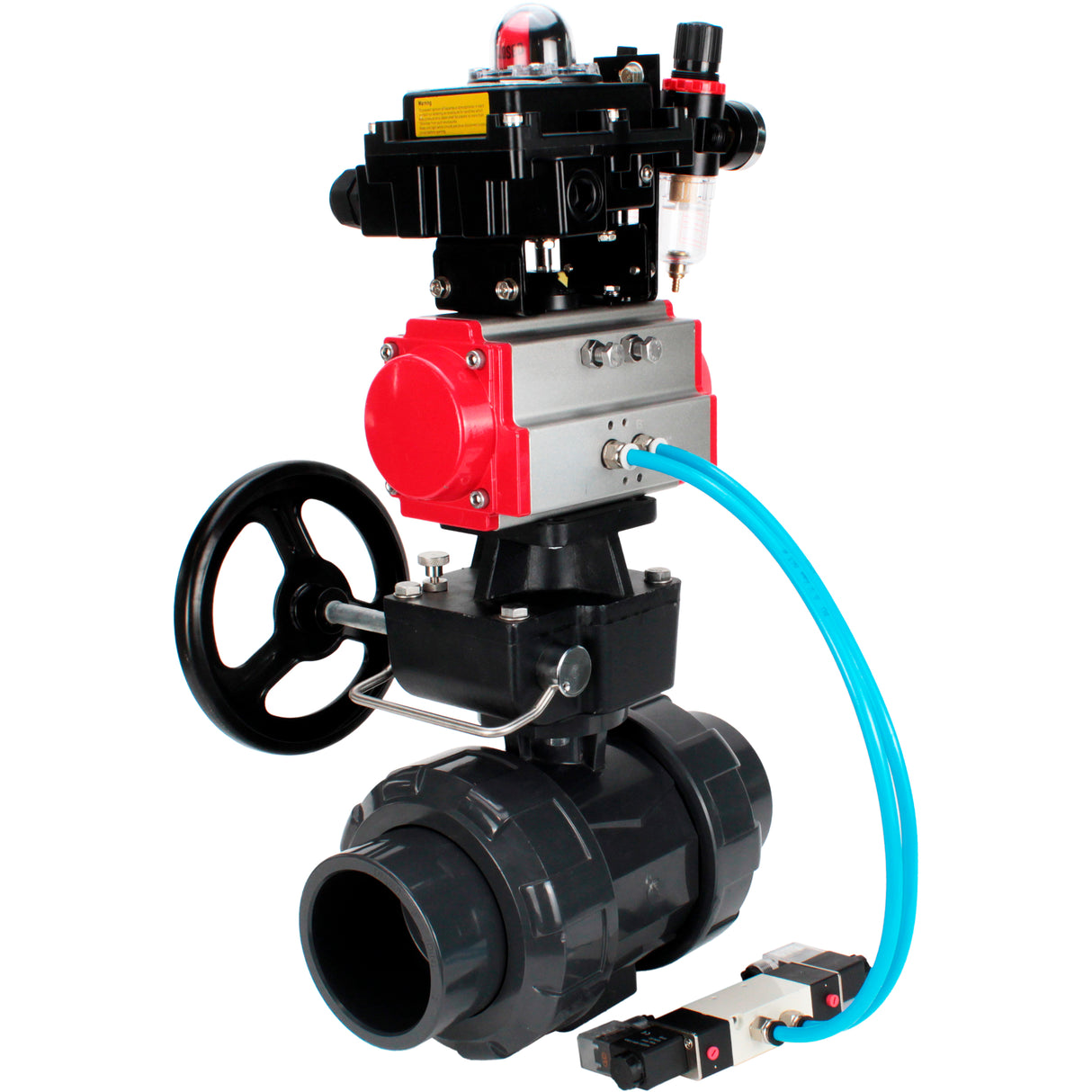 Ball valves Elephant BV4242E-FP-GRM-ISO, body material - UPVC, ball material - UPVC, seal - EPDM, with pneumatic actuator double action PA-DA, pneumatic distributor 4V320-10 220V, LSU APL-410N EX, ATU AFC2000 and handwheel MON