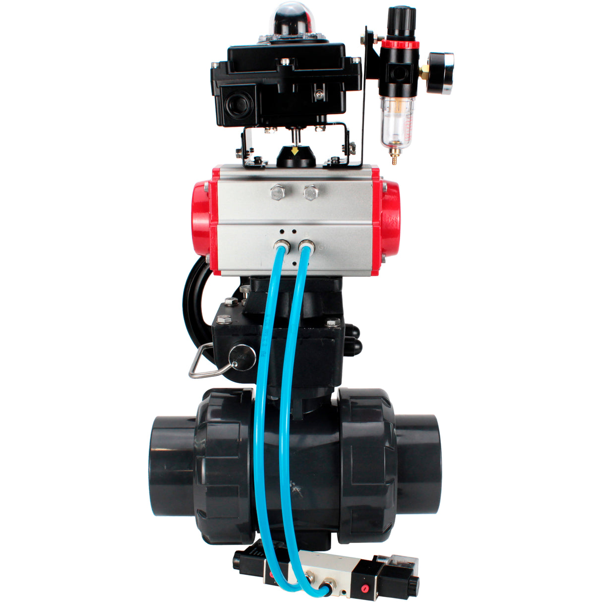 Ball valves Elephant BV4242E-FP-GRM-ISO, body material - UPVC, ball material - UPVC, seal - EPDM, with pneumatic actuator double action PA-DA, pneumatic distributor 4V320-10 220V, LSU APL-410N EX, ATU AFC2000 and handwheel MON