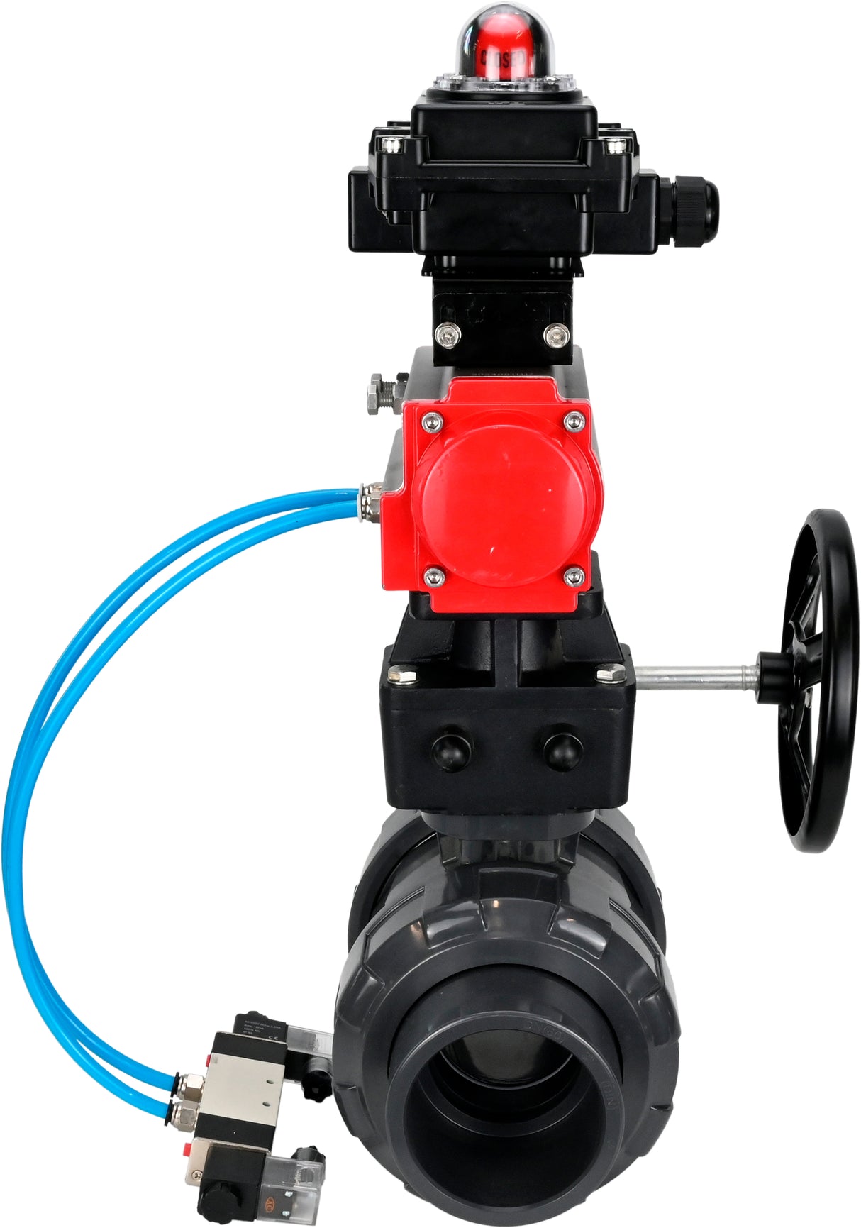 Ball valves Elephant BV4242E-FP-GRM-ISO, body material - UPVC, ball material - UPVC, seal - EPDM, with pneumatic actuator double action PA-DA, pneumatic distributor 4V320-10 220V, LSU APL-410N EX and handwheel MON