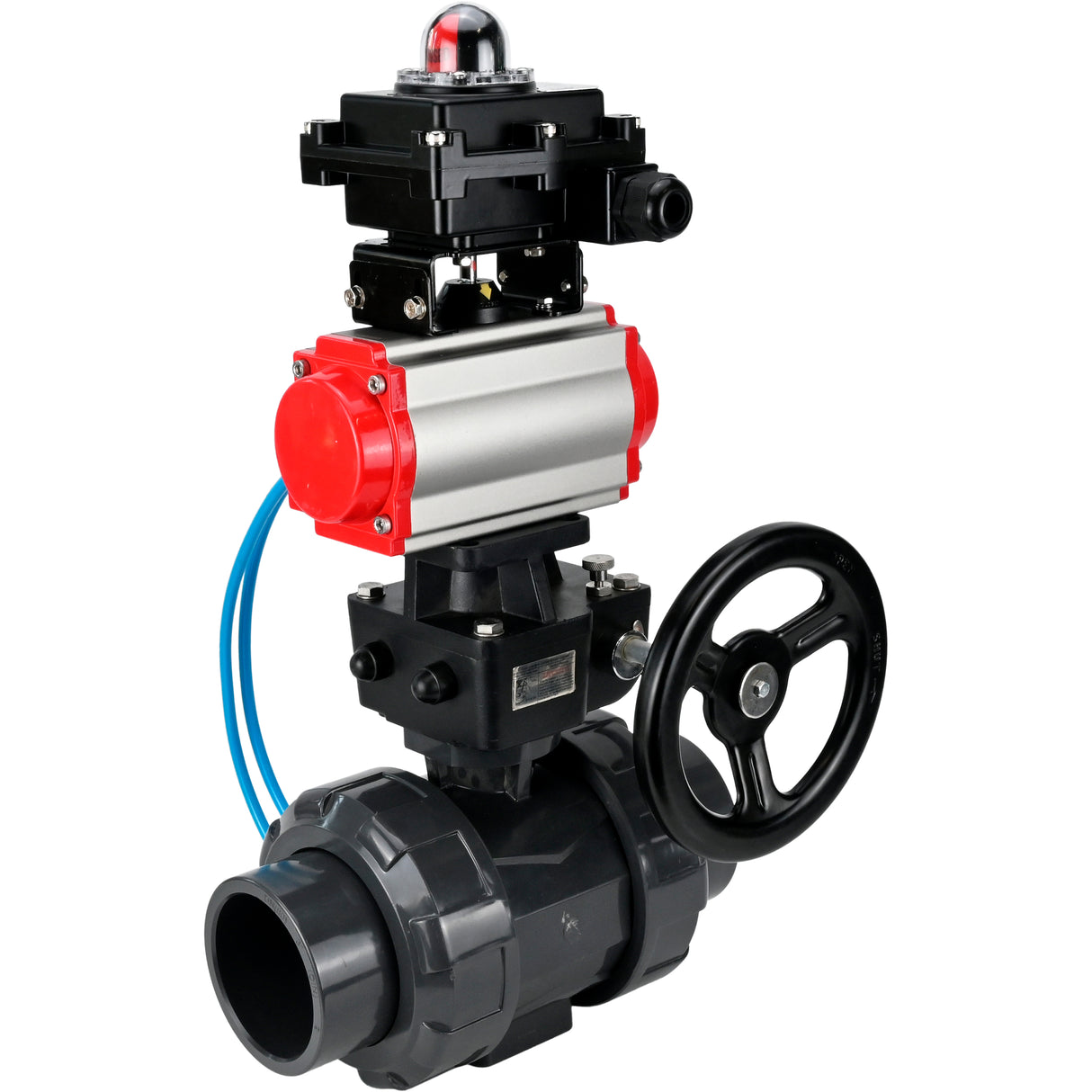 Ball valves Elephant BV4242E-FP-GRM-ISO, body material - UPVC, ball material - UPVC, seal - EPDM, with pneumatic actuator double action PA-DA, pneumatic distributor 4V320-10 220V, LSU APL-410N EX and handwheel MON
