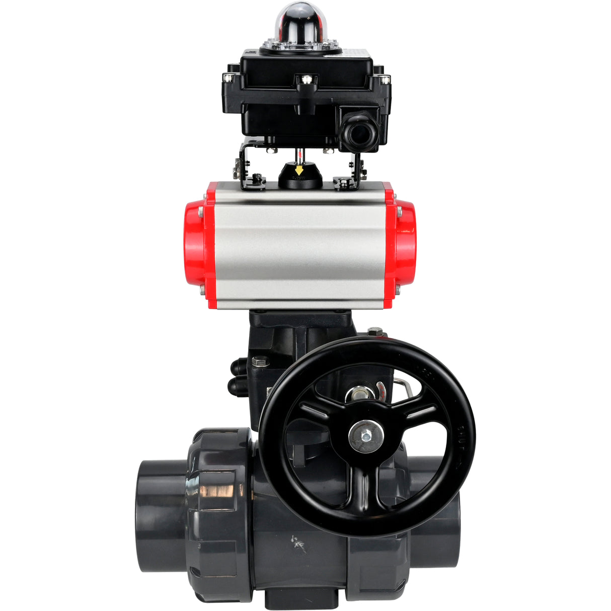 Ball valves Elephant BV4242E-FP-GRM-ISO, body material - UPVC, ball material - UPVC, seal - EPDM, with pneumatic actuator double action PA-DA, pneumatic distributor 4V320-10 220V, LSU APL-410N EX and handwheel MON