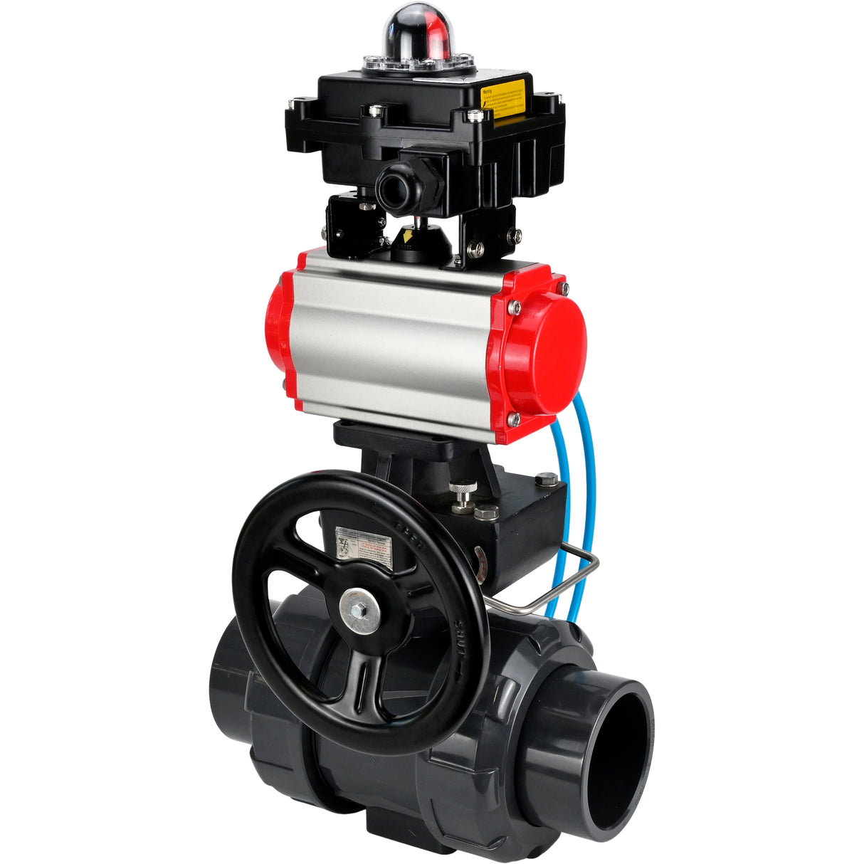 Ball valves Elephant BV4242E-FP-GRM-ISO, body material - UPVC, ball material - UPVC, seal - EPDM, with pneumatic actuator double action PA-DA, pneumatic distributor 4V320-10 220V, LSU APL-410N EX and handwheel MON