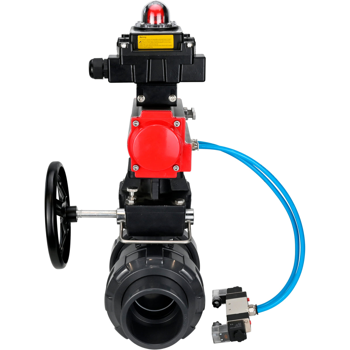 Ball valves Elephant BV4242E-FP-GRM-ISO, body material - UPVC, ball material - UPVC, seal - EPDM, with pneumatic actuator double action PA-DA, pneumatic distributor 4V320-10 220V, LSU APL-410N EX and handwheel MON