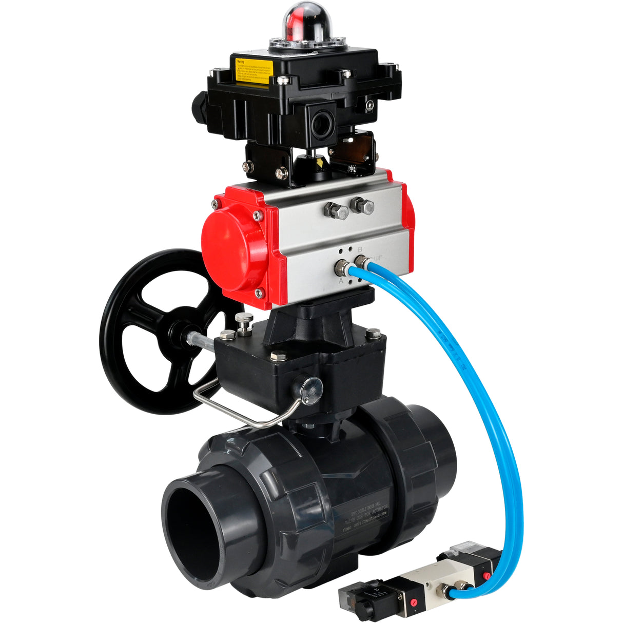 Ball valves Elephant BV4242E-FP-GRM-ISO, body material - UPVC, ball material - UPVC, seal - EPDM, with pneumatic actuator double action PA-DA, pneumatic distributor 4V320-10 220V, LSU APL-410N EX and handwheel MON
