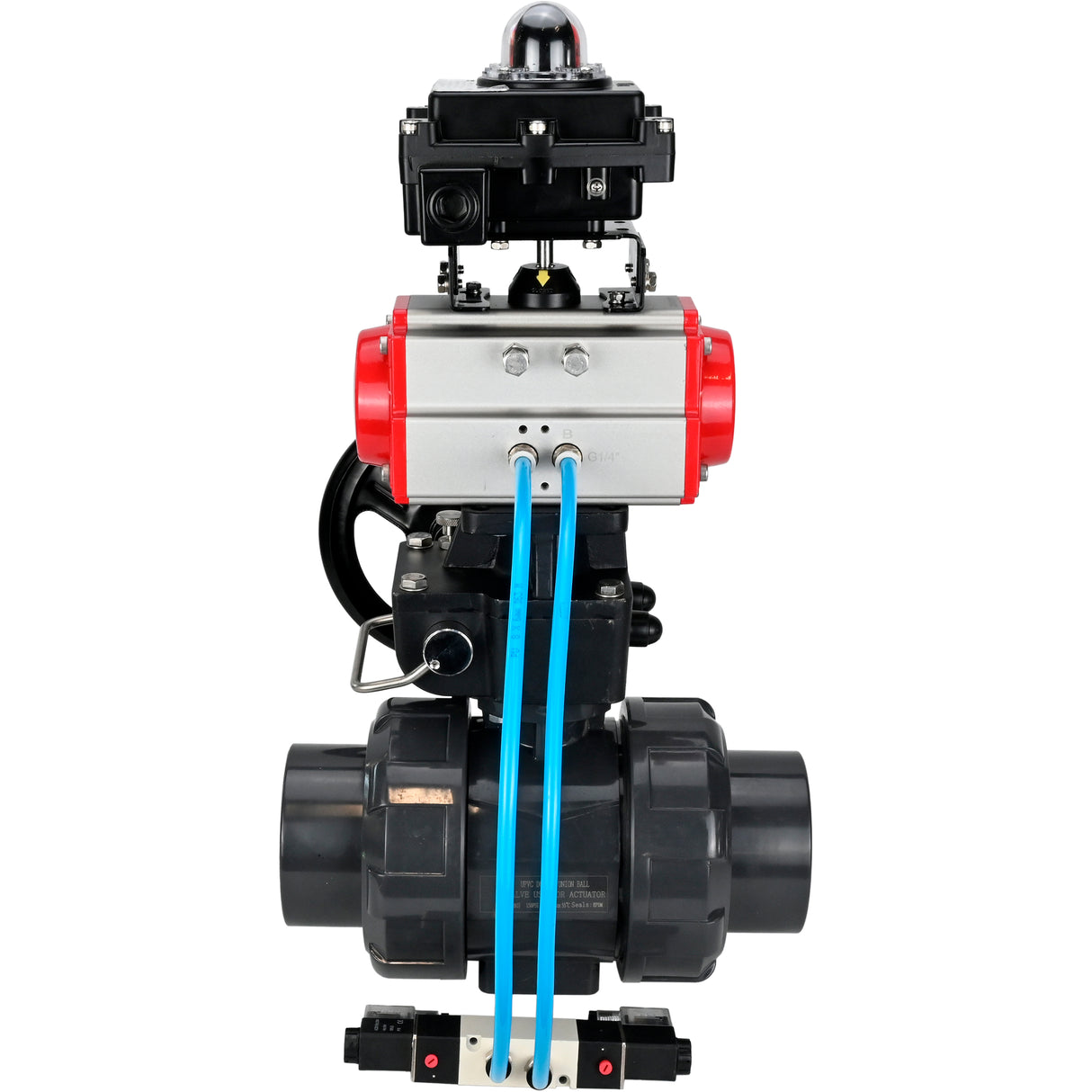 Ball valves Elephant BV4242E-FP-GRM-ISO, body material - UPVC, ball material - UPVC, seal - EPDM, with pneumatic actuator double action PA-DA, pneumatic distributor 4V320-10 220V, LSU APL-410N EX and handwheel MON