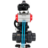 Ball valves Elephant BV4242E-FP-GRM-ISO, body material - UPVC, ball material - UPVC, seal - EPDM, with pneumatic actuator double action PA-DA, pneumatic distributor 4V320-10 220V, LSU APL-410N EX and handwheel MON