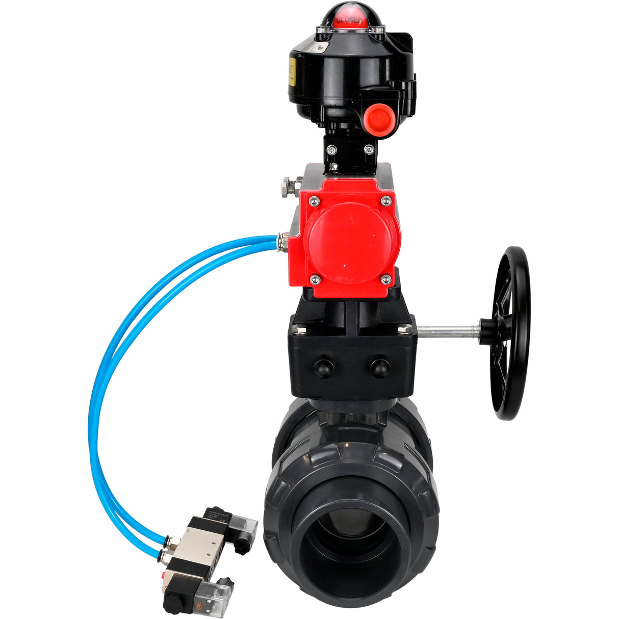 Ball valves Elephant BV4242E-FP-GRM-ISO, body material - UPVC, ball material - UPVC, seal - EPDM, with pneumatic actuator double action PA-DA, pneumatic distributor 4V320-08 220V, LSU APL-510N EX and handwheel MON
