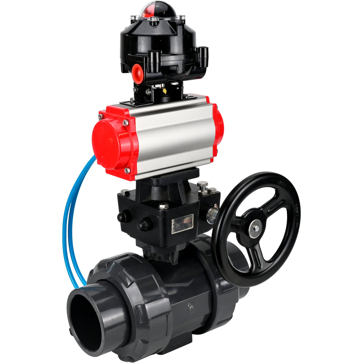 Ball valves Elephant BV4242E-FP-GRM-ISO, body material - UPVC, ball material - UPVC, seal - EPDM, with pneumatic actuator double action PA-DA, pneumatic distributor 4V320-08 220V, LSU APL-510N EX and handwheel MON