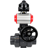 Ball valves Elephant BV4242E-FP-GRM-ISO, body material - UPVC, ball material - UPVC, seal - EPDM, with pneumatic actuator double action PA-DA, pneumatic distributor 4V320-08 220V, LSU APL-510N EX and handwheel MON