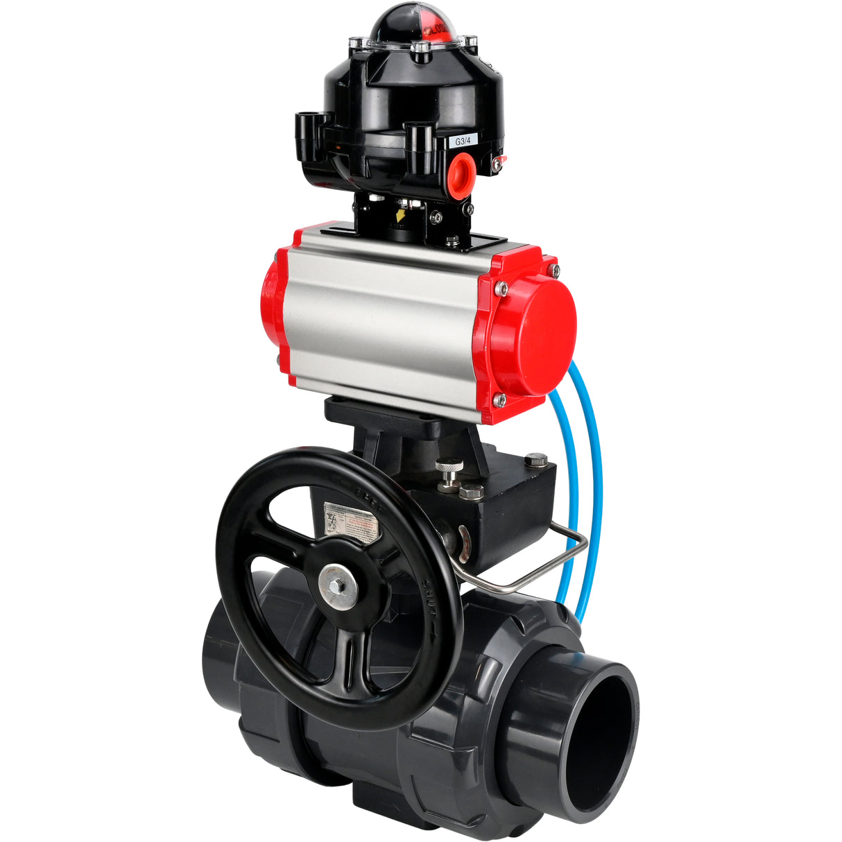 Ball valves Elephant BV4242E-FP-GRM-ISO, body material - UPVC, ball material - UPVC, seal - EPDM, with pneumatic actuator double action PA-DA, pneumatic distributor 4V320-08 220V, LSU APL-510N EX and handwheel MON