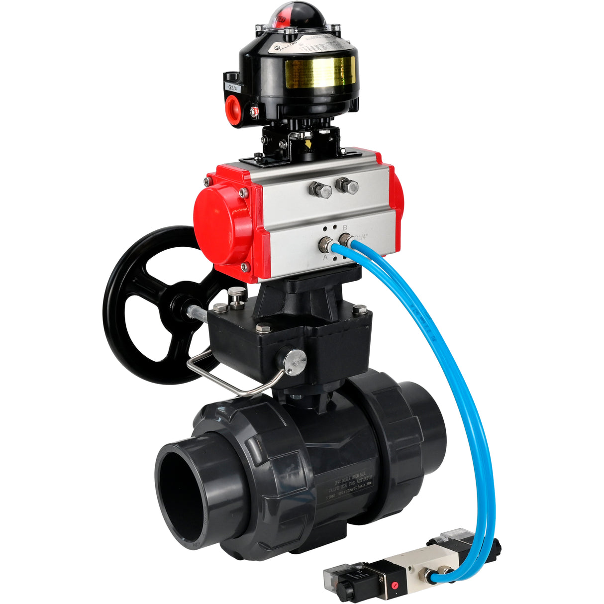 Ball valves Elephant BV4242E-FP-GRM-ISO, body material - UPVC, ball material - UPVC, seal - EPDM, with pneumatic actuator double action PA-DA, pneumatic distributor 4V320-08 220V, LSU APL-510N EX and handwheel MON