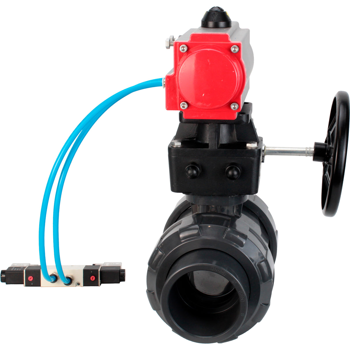 Ball valves Elephant BV4242E-FP-GRM-ISO, body material - UPVC, ball material - UPVC, seal - EPDM, with pneumatic actuator double action PA-DA, pneumatic distributor 4V320-10 220V and handwheel MON