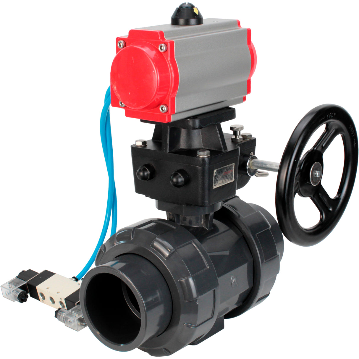 Ball valves Elephant BV4242E-FP-GRM-ISO, body material - UPVC, ball material - UPVC, seal - EPDM, with pneumatic actuator double action PA-DA, pneumatic distributor 4V320-10 220V and handwheel MON