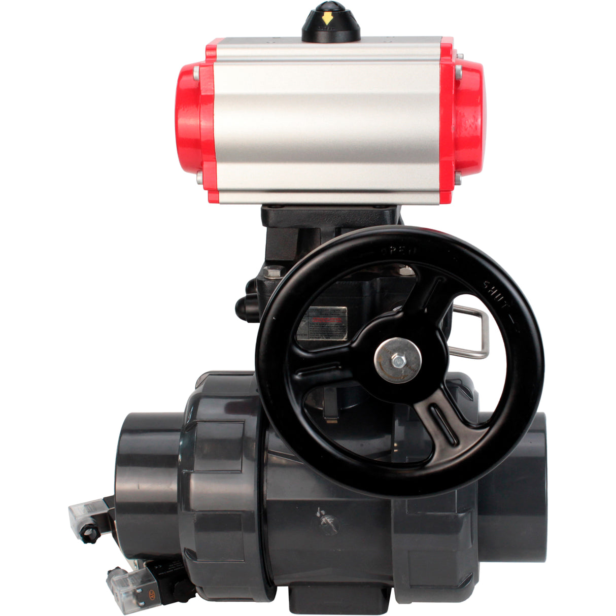 Ball valves Elephant BV4242E-FP-GRM-ISO, body material - UPVC, ball material - UPVC, seal - EPDM, with pneumatic actuator double action PA-DA, pneumatic distributor 4V320-10 220V and handwheel MON