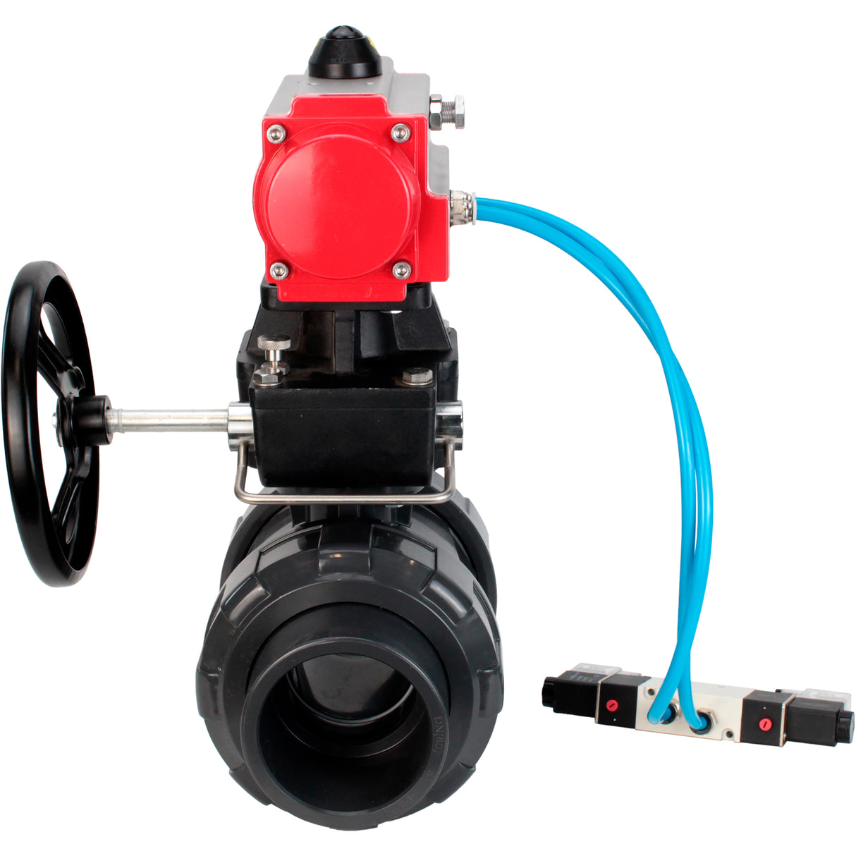Ball valves Elephant BV4242E-FP-GRM-ISO, body material - UPVC, ball material - UPVC, seal - EPDM, with pneumatic actuator double action PA-DA, pneumatic distributor 4V320-10 220V and handwheel MON