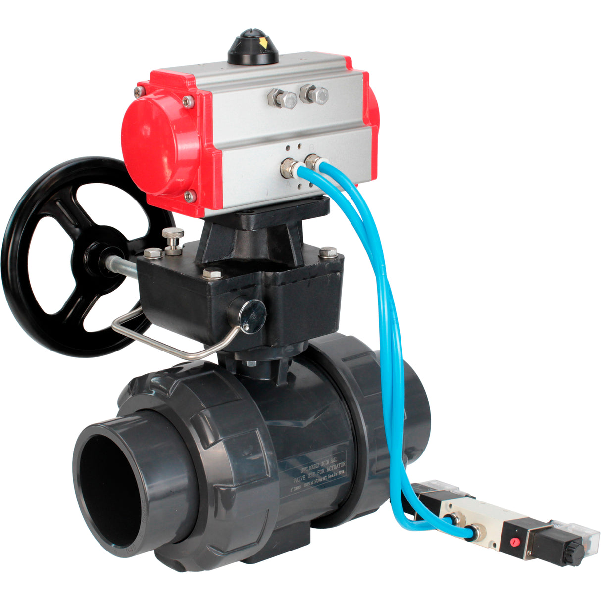 Ball valves Elephant BV4242E-FP-GRM-ISO, body material - UPVC, ball material - UPVC, seal - EPDM, with pneumatic actuator double action PA-DA, pneumatic distributor 4V320-10 220V and handwheel MON