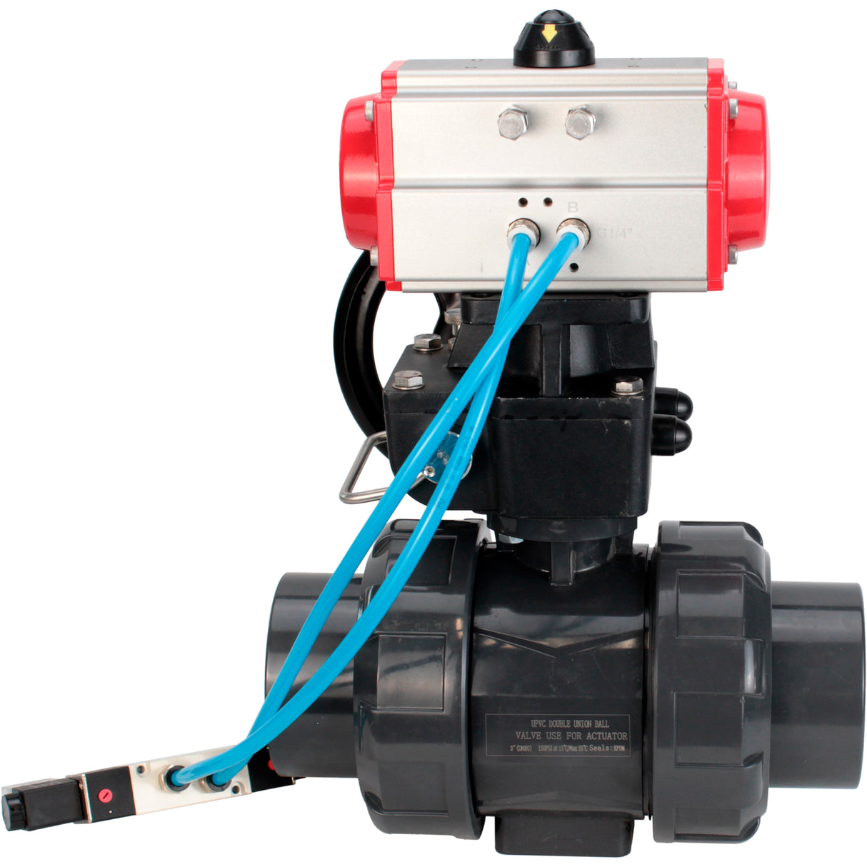 Ball valves Elephant BV4242E-FP-GRM-ISO, body material - UPVC, ball material - UPVC, seal - EPDM, with pneumatic actuator double action PA-DA, pneumatic distributor 4V320-10 220V and handwheel MON