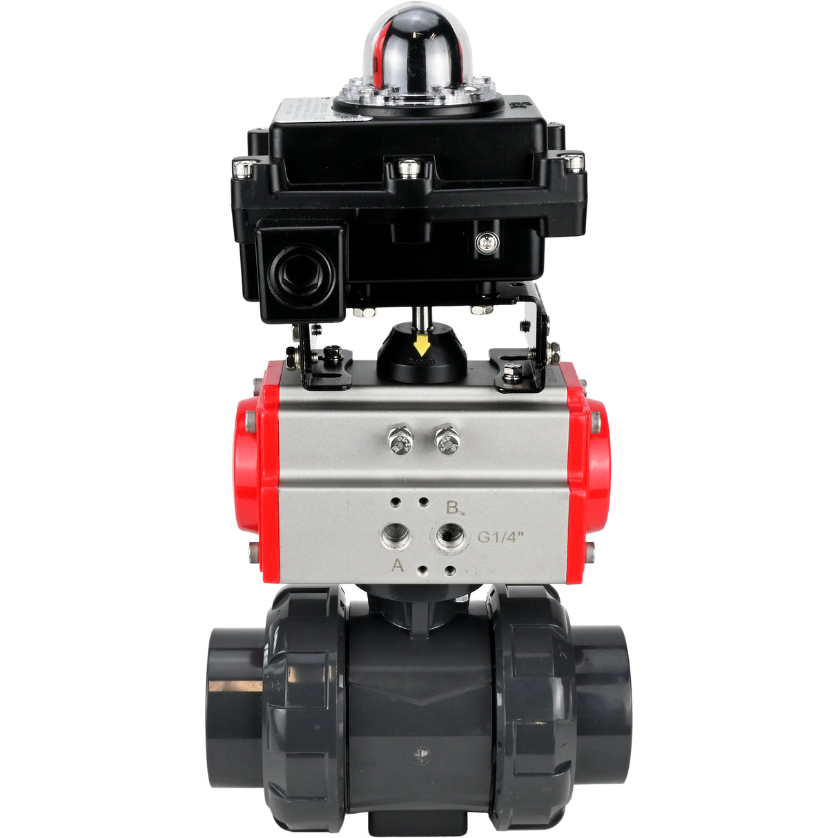 Ball valves Elephant BV4242E-FP-GRM-ISO, body material - UPVC, ball material - UPVC, seal - EPDM, with pneumatic actuator double action PA-DA and LSU APL-410N EX