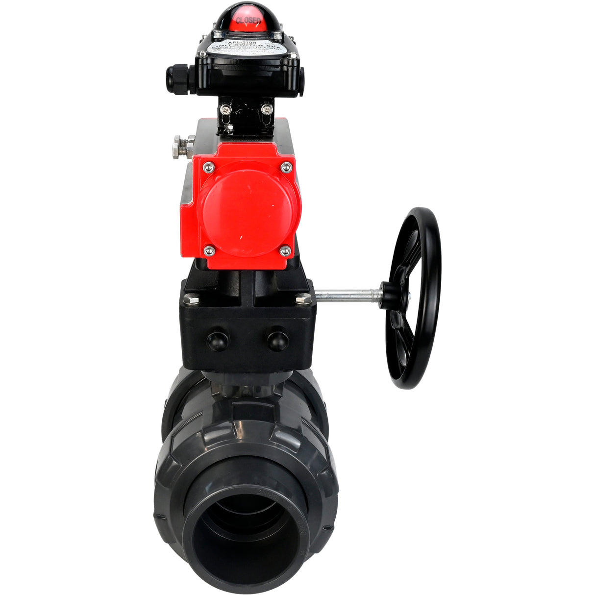 Ball valves Elephant BV4242E-FP-GRM-ISO, body material - UPVC, ball material - UPVC, seal - EPDM, with pneumatic actuator double action PA-DA, LSU APL-210N and handwheel MON