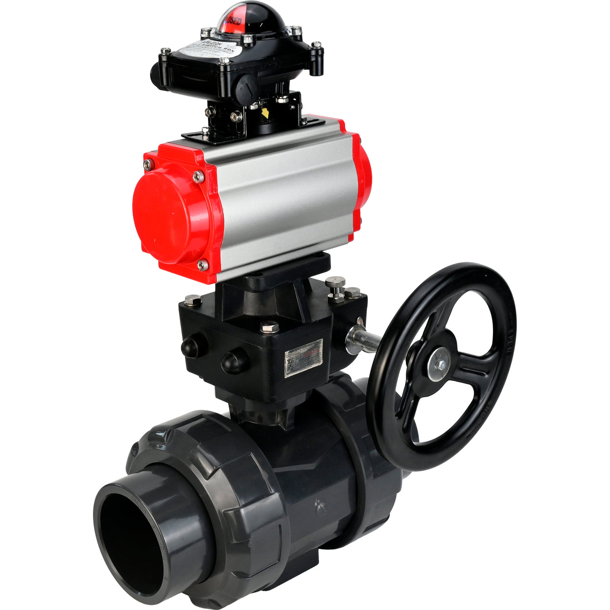 Ball valves Elephant BV4242E-FP-GRM-ISO, body material - UPVC, ball material - UPVC, seal - EPDM, with pneumatic actuator double action PA-DA, LSU APL-210N and handwheel MON