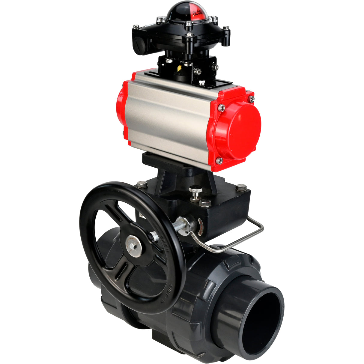 Ball valves Elephant BV4242E-FP-GRM-ISO, body material - UPVC, ball material - UPVC, seal - EPDM, with pneumatic actuator double action PA-DA, LSU APL-210N and handwheel MON