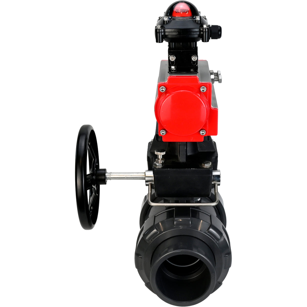 Ball valves Elephant BV4242E-FP-GRM-ISO, body material - UPVC, ball material - UPVC, seal - EPDM, with pneumatic actuator double action PA-DA, LSU APL-210N and handwheel MON