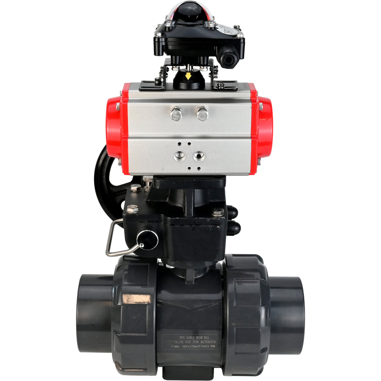 Ball valves Elephant BV4242E-FP-GRM-ISO, body material - UPVC, ball material - UPVC, seal - EPDM, with pneumatic actuator double action PA-DA, LSU APL-210N and handwheel MON