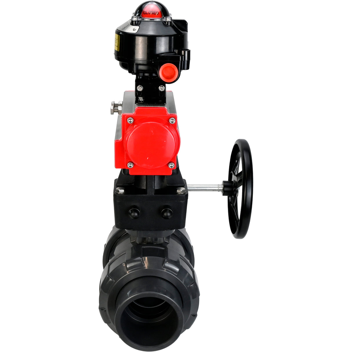 Ball valves Elephant BV4242E-FP-GRM-ISO, body material - UPVC, ball material - UPVC, seal - EPDM, with pneumatic actuator double action PA-DA, LSU APL-510N EX and handwheel MON