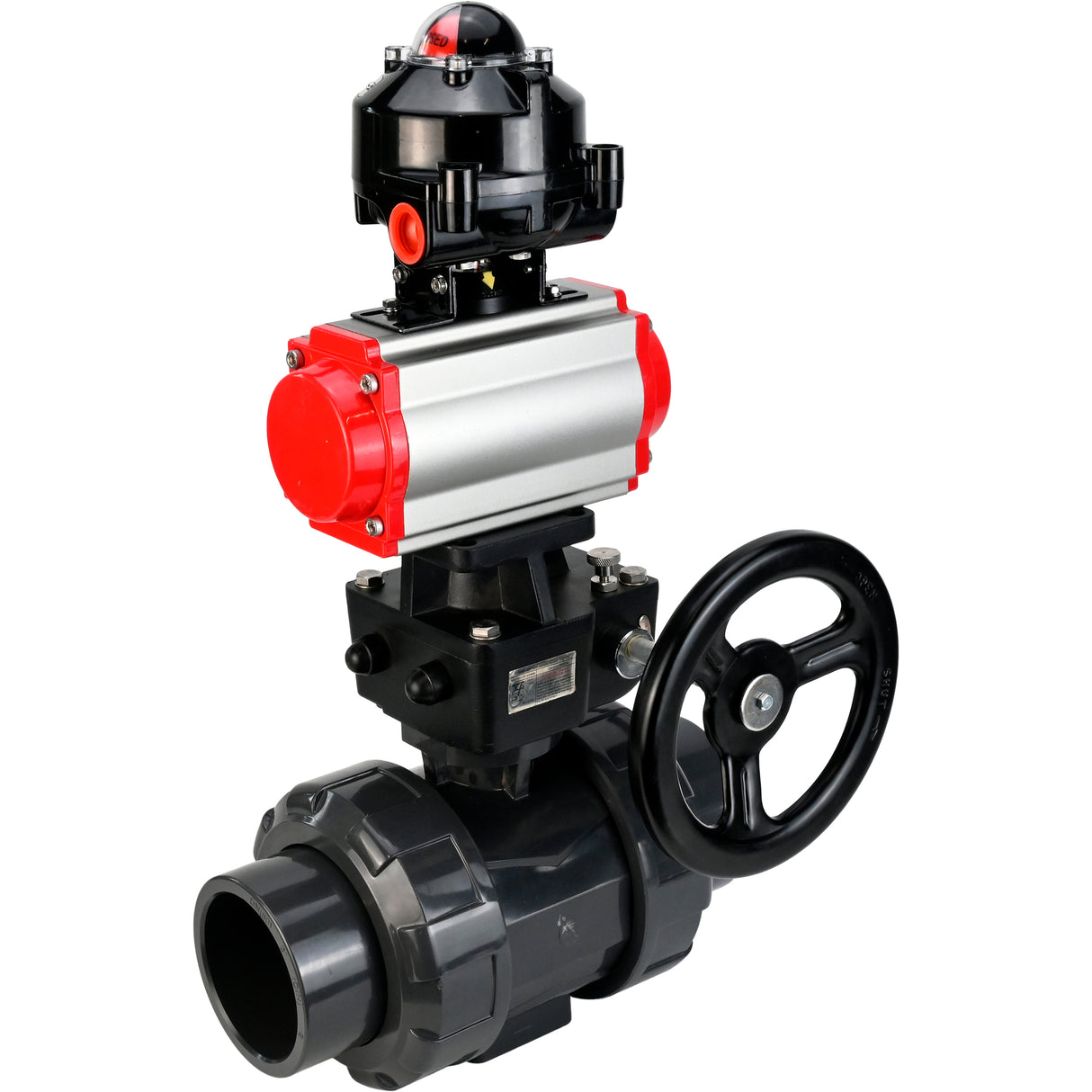 Ball valves Elephant BV4242E-FP-GRM-ISO, body material - UPVC, ball material - UPVC, seal - EPDM, with pneumatic actuator double action PA-DA, LSU APL-510N EX and handwheel MON