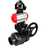 Ball valves Elephant BV4242E-FP-GRM-ISO, body material - UPVC, ball material - UPVC, seal - EPDM, with pneumatic actuator double action PA-DA, LSU APL-510N EX and handwheel MON