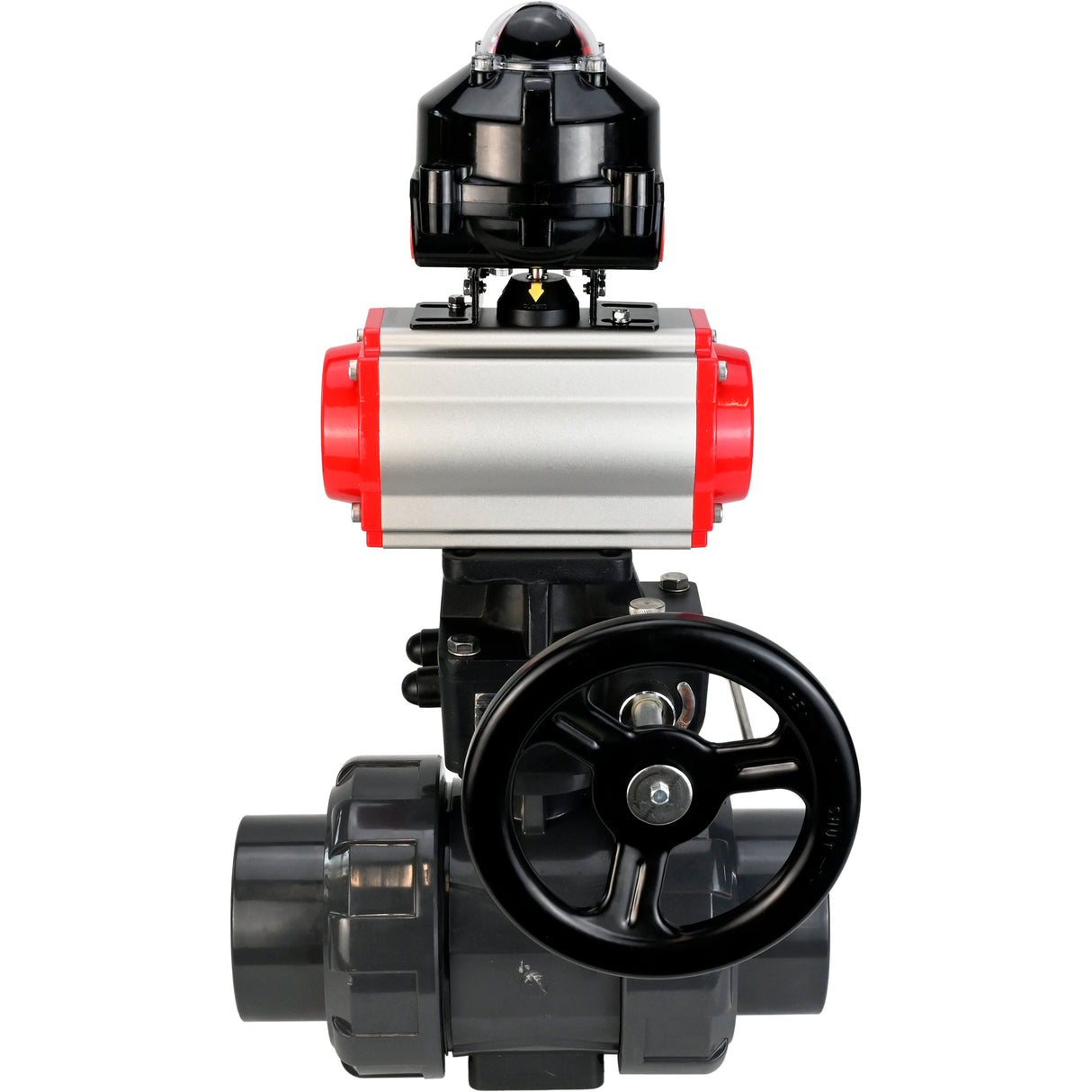 Ball valves Elephant BV4242E-FP-GRM-ISO, body material - UPVC, ball material - UPVC, seal - EPDM, with pneumatic actuator double action PA-DA, LSU APL-510N EX and handwheel MON