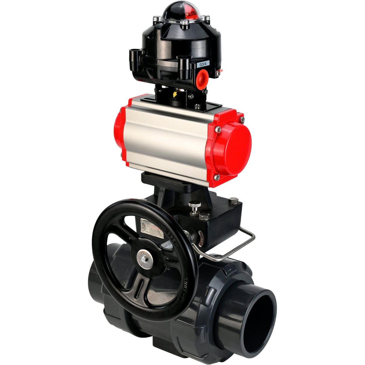 Ball valves Elephant BV4242E-FP-GRM-ISO, body material - UPVC, ball material - UPVC, seal - EPDM, with pneumatic actuator double action PA-DA, LSU APL-510N EX and handwheel MON