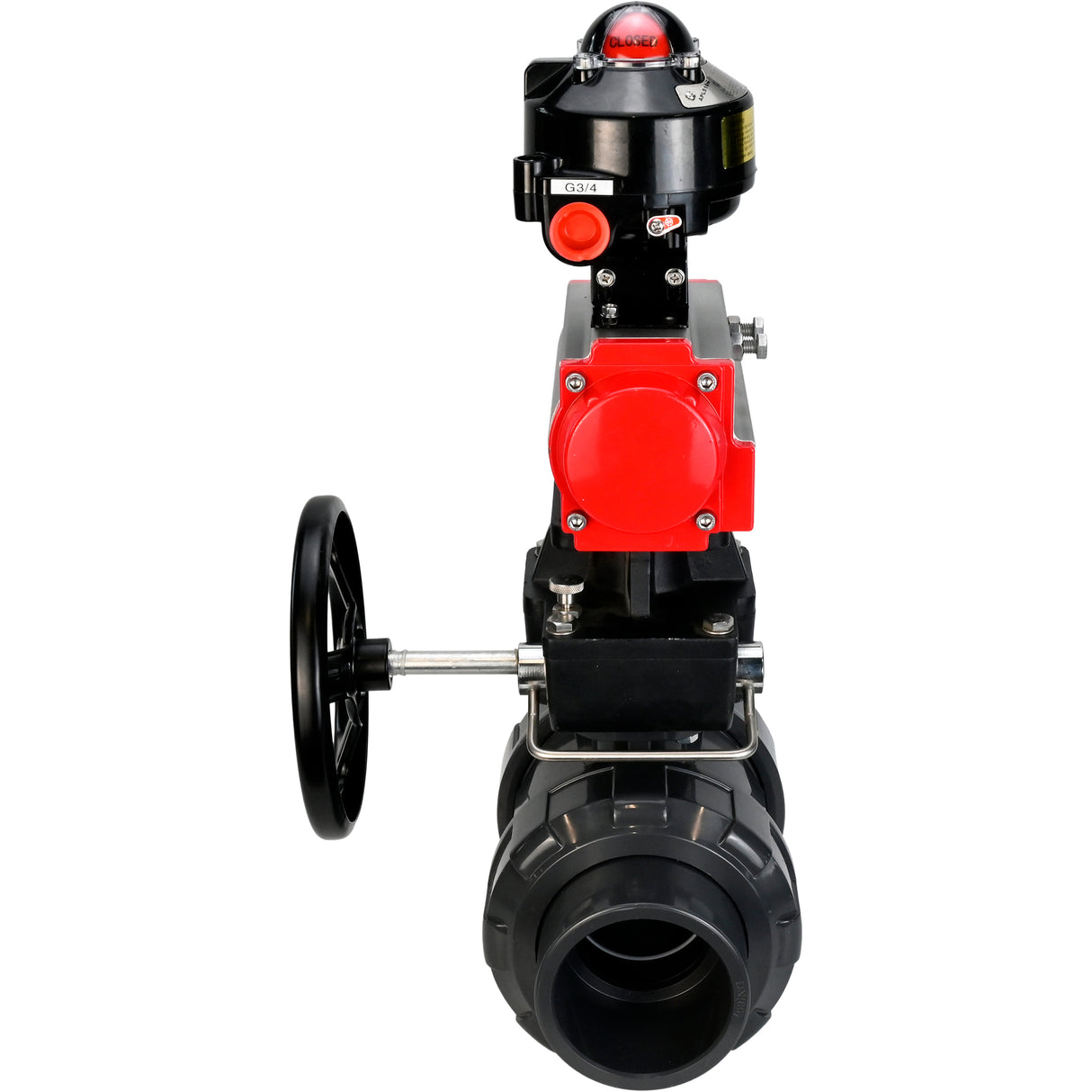 Ball valves Elephant BV4242E-FP-GRM-ISO, body material - UPVC, ball material - UPVC, seal - EPDM, with pneumatic actuator double action PA-DA, LSU APL-510N EX and handwheel MON