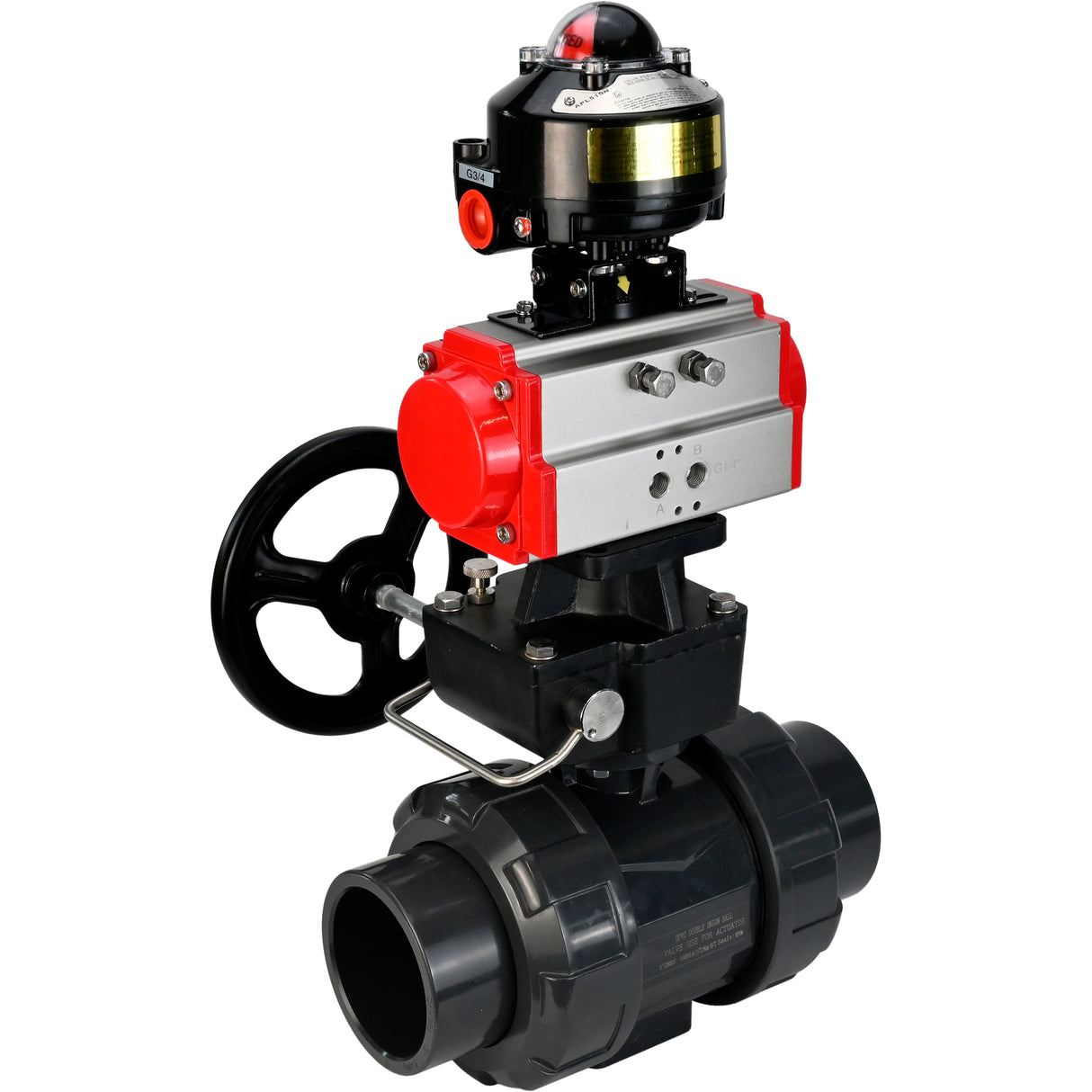 Ball valves Elephant BV4242E-FP-GRM-ISO, body material - UPVC, ball material - UPVC, seal - EPDM, with pneumatic actuator double action PA-DA, LSU APL-510N EX and handwheel MON
