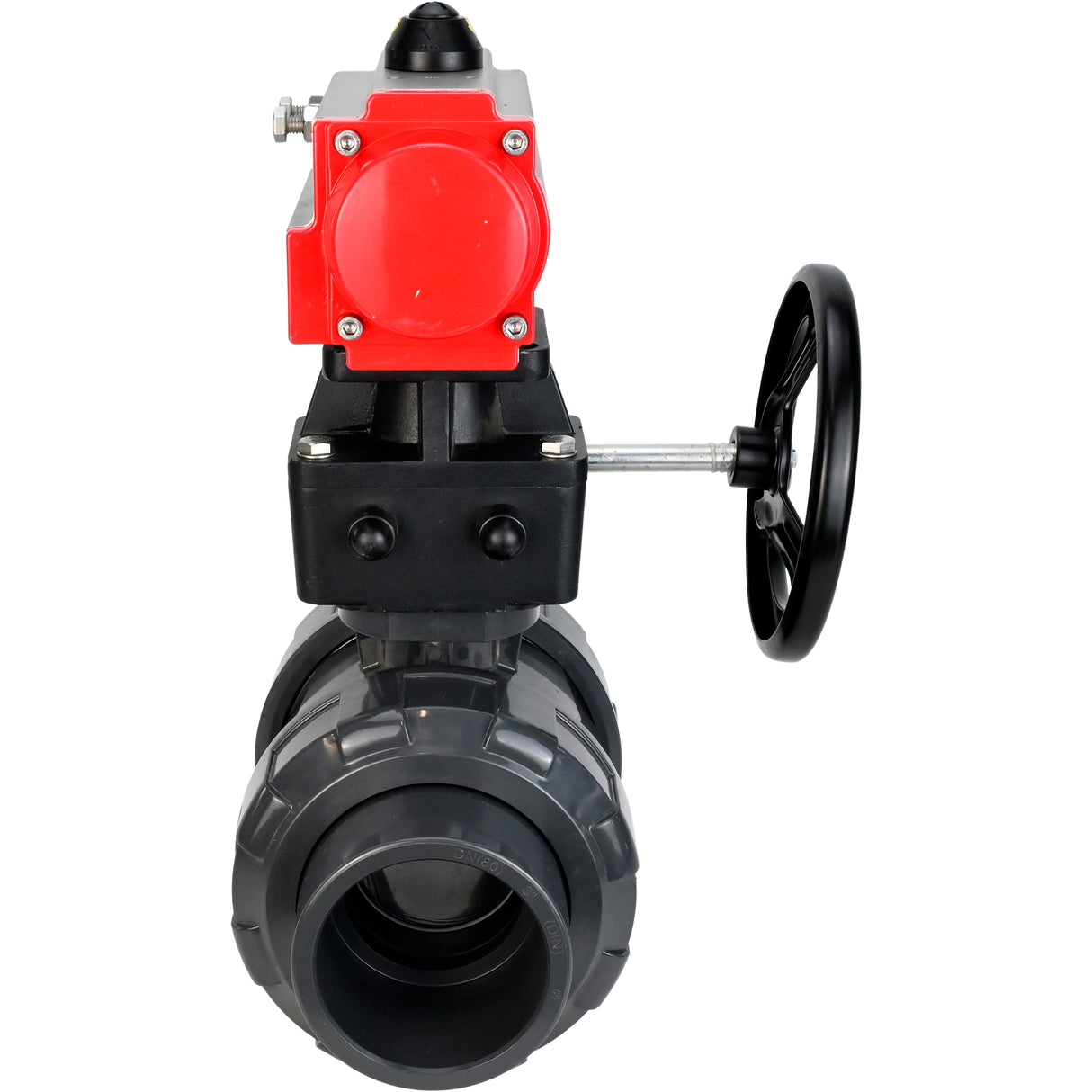 Ball valves Elephant BV4242E-FP-GRM-ISO, body material - UPVC, ball material - UPVC, seal - EPDM, with pneumatic actuator double action PA-DA and handwheel MON