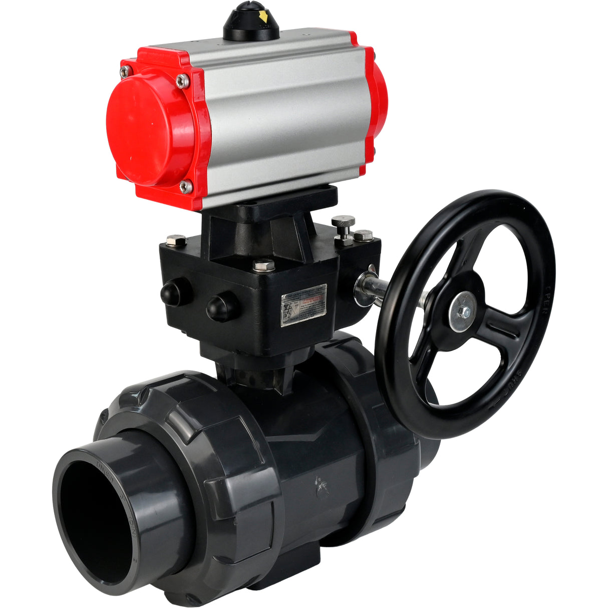 Ball valves Elephant BV4242E-FP-GRM-ISO, body material - UPVC, ball material - UPVC, seal - EPDM, with pneumatic actuator double action PA-DA and handwheel MON