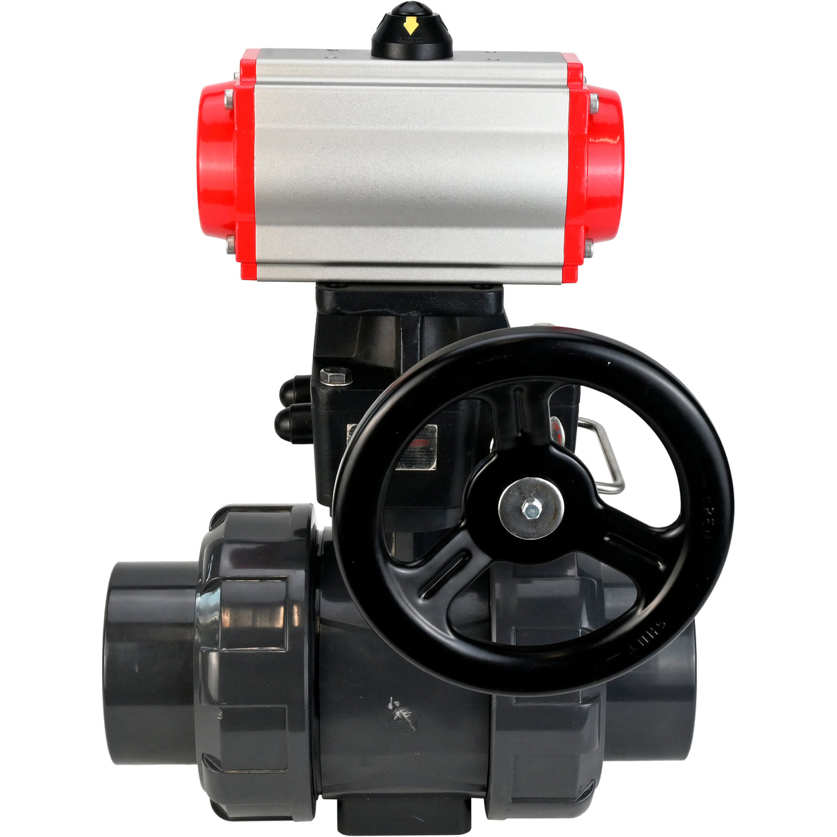 Ball valves Elephant BV4242E-FP-GRM-ISO, body material - UPVC, ball material - UPVC, seal - EPDM, with pneumatic actuator double action PA-DA and handwheel MON