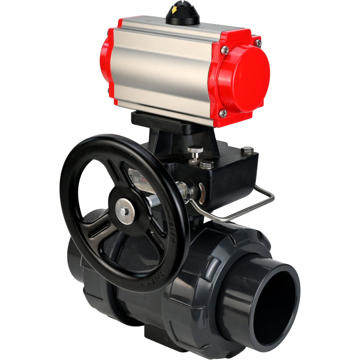 Ball valves Elephant BV4242E-FP-GRM-ISO, body material - UPVC, ball material - UPVC, seal - EPDM, with pneumatic actuator double action PA-DA and handwheel MON