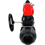 Ball valves Elephant BV4242E-FP-GRM-ISO, body material - UPVC, ball material - UPVC, seal - EPDM, with pneumatic actuator double action PA-DA and handwheel MON