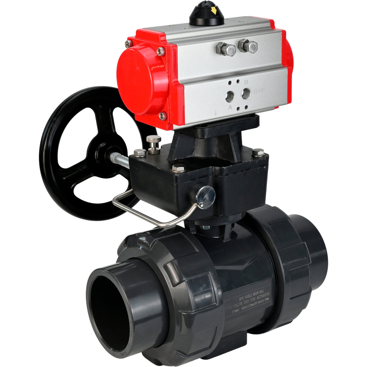 Ball valves Elephant BV4242E-FP-GRM-ISO, body material - UPVC, ball material - UPVC, seal - EPDM, with pneumatic actuator double action PA-DA and handwheel MON