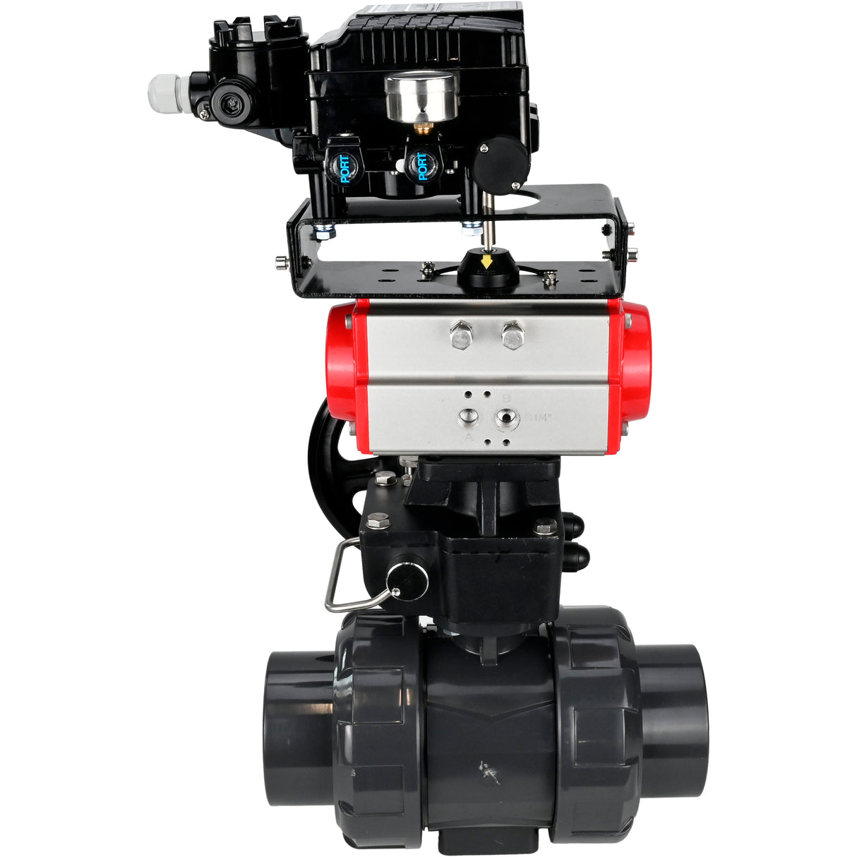 Ball valves Elephant BV4242E-FP-GRM-ISO, body material - UPVC, ball material - UPVC, seal - EPDM, with pneumatic actuator double action PA-DA, electro-pneumatic rotary positioner YT-1000RSN without feedback and handwheel MON