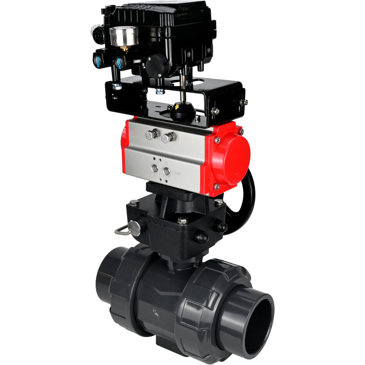 Ball valves Elephant BV4242E-FP-GRM-ISO, body material - UPVC, ball material - UPVC, seal - EPDM, with pneumatic actuator double action PA-DA, electro-pneumatic rotary positioner YT-1000RSN without feedback and handwheel MON