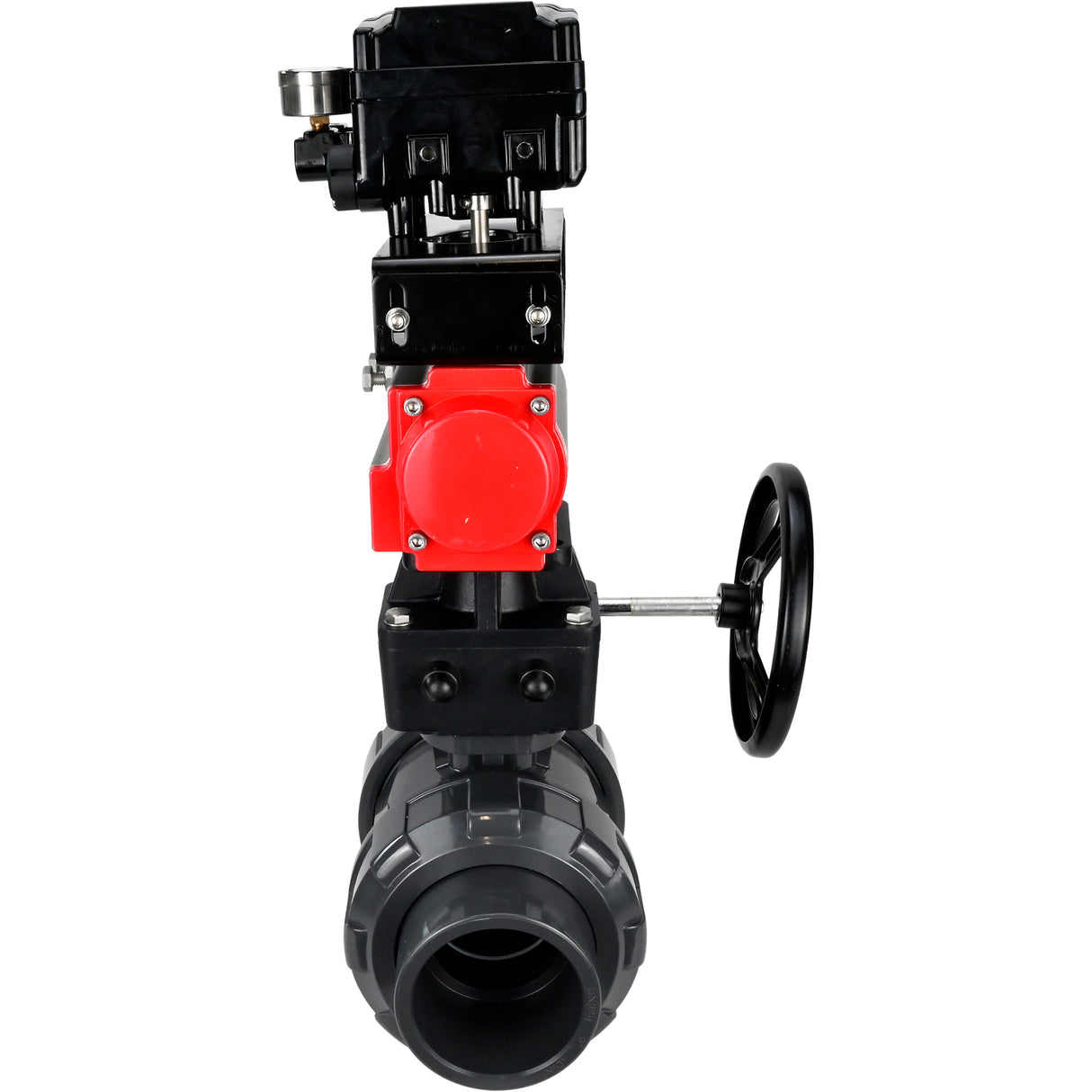 Ball valves Elephant BV4242E-FP-GRM-ISO, body material - UPVC, ball material - UPVC, seal - EPDM, with pneumatic actuator double action PA-DA, electro-pneumatic rotary positioner YT-1000RSN without feedback and handwheel MON