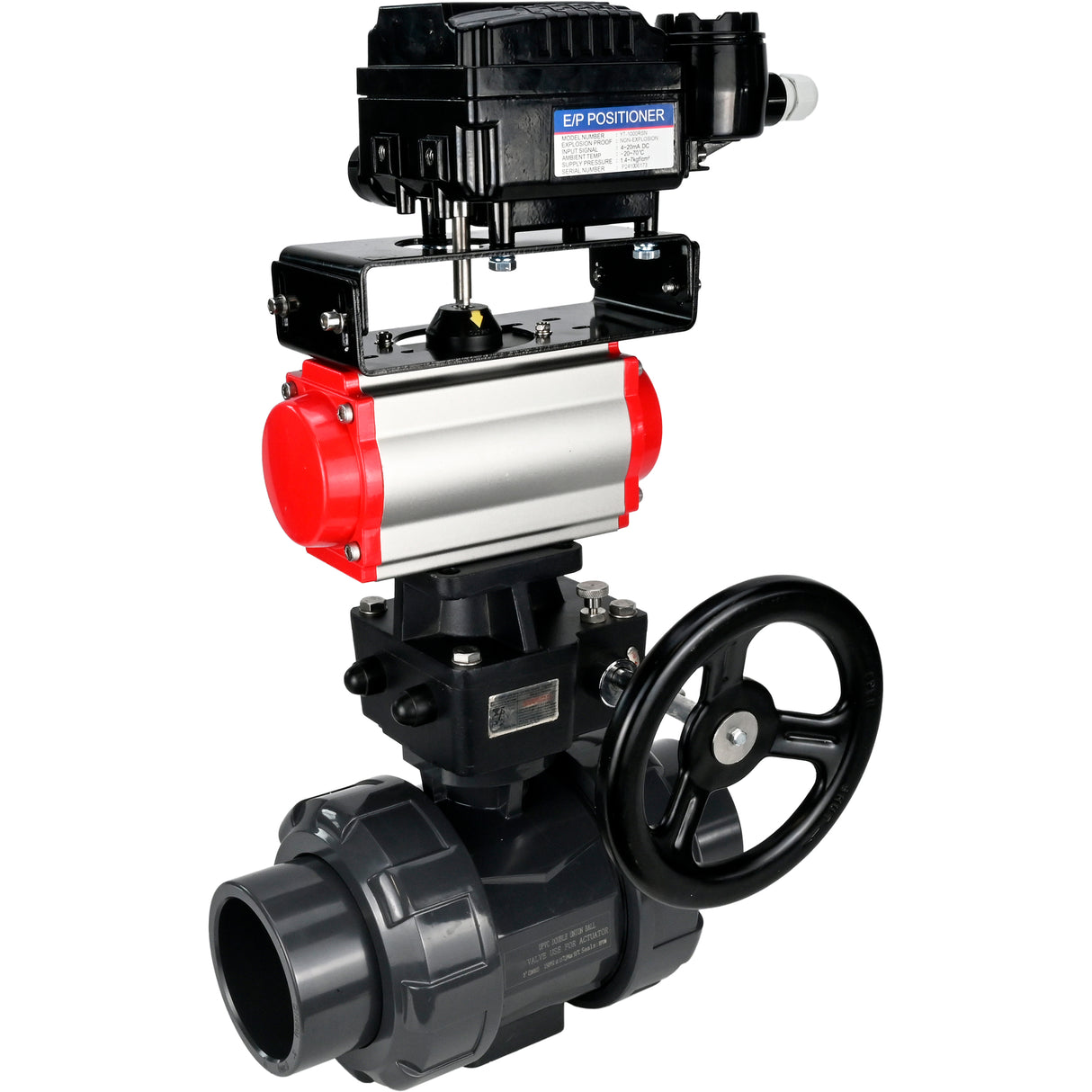 Ball valves Elephant BV4242E-FP-GRM-ISO, body material - UPVC, ball material - UPVC, seal - EPDM, with pneumatic actuator double action PA-DA, electro-pneumatic rotary positioner YT-1000RSN without feedback and handwheel MON