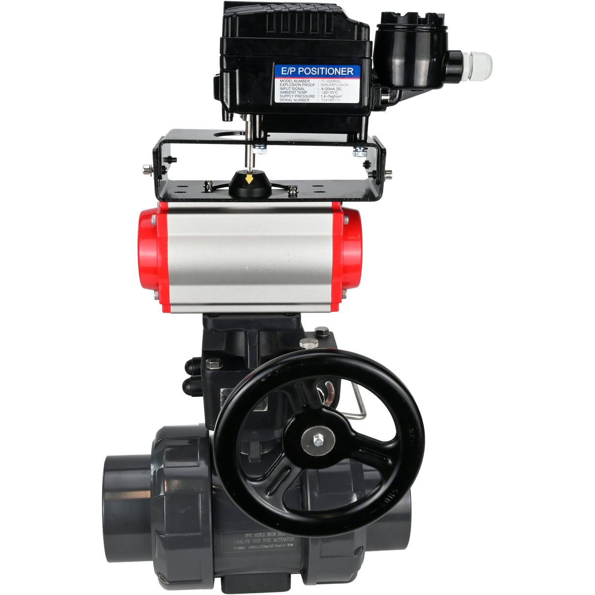 Ball valves Elephant BV4242E-FP-GRM-ISO, body material - UPVC, ball material - UPVC, seal - EPDM, with pneumatic actuator double action PA-DA, electro-pneumatic rotary positioner YT-1000RSN without feedback and handwheel MON