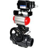 Ball valves Elephant BV4242E-FP-GRM-ISO, body material - UPVC, ball material - UPVC, seal - EPDM, with pneumatic actuator double action PA-DA, electro-pneumatic rotary positioner YT-1000RSN without feedback and handwheel MON